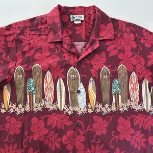 Vtg Aloha Republic Hawaiian Shirt L Red Camp Tropical Surfboards Button Up USA